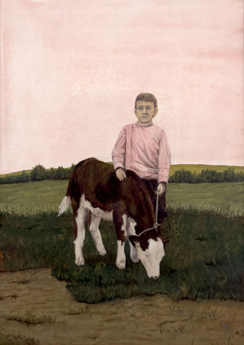 This painting is of a young boy standing in a meadow with his pet cow. The oil painting describes the expectations of what being a man is. 