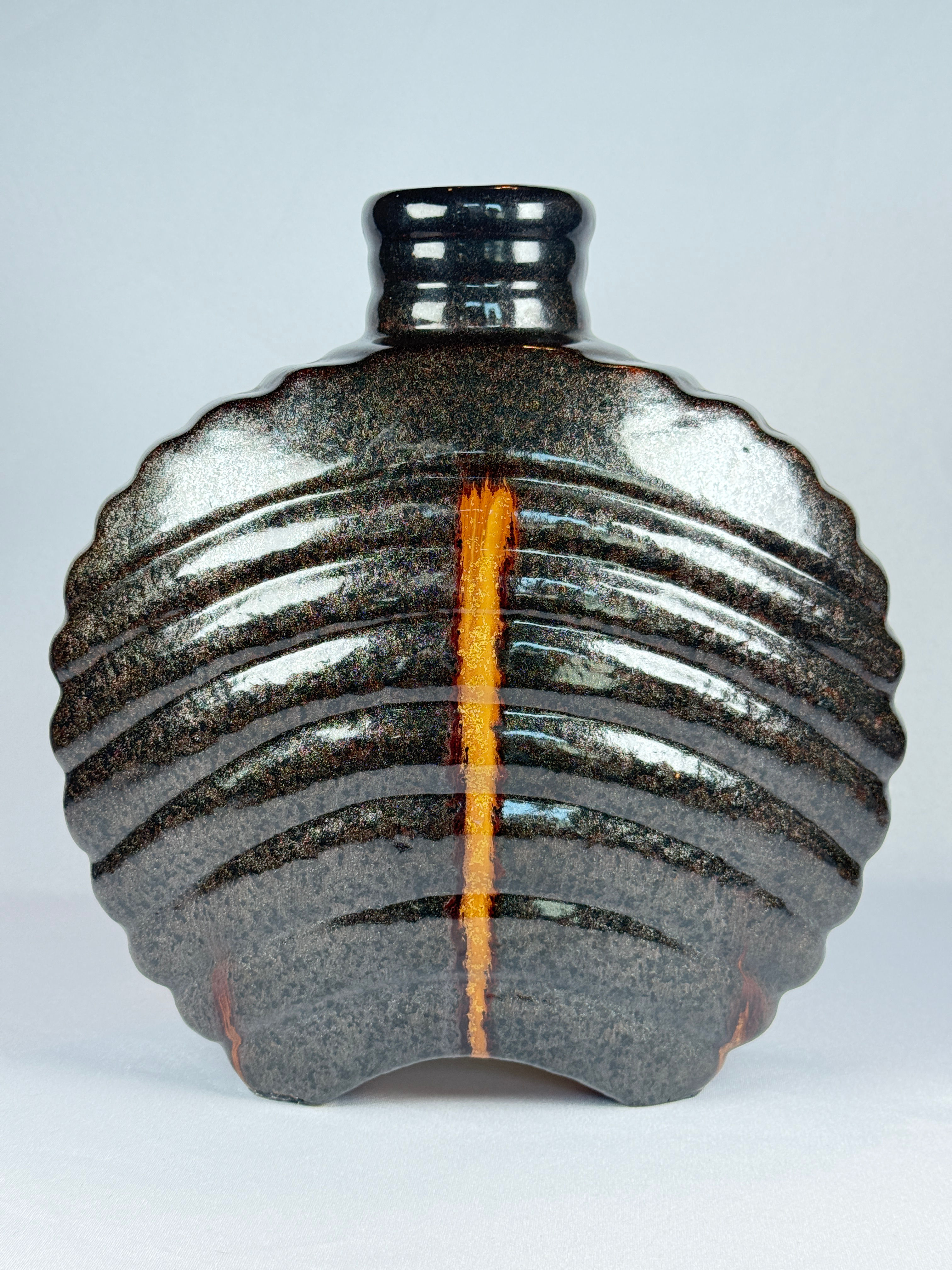 11.5” Tall iridescent glaze dark brown pottery vase