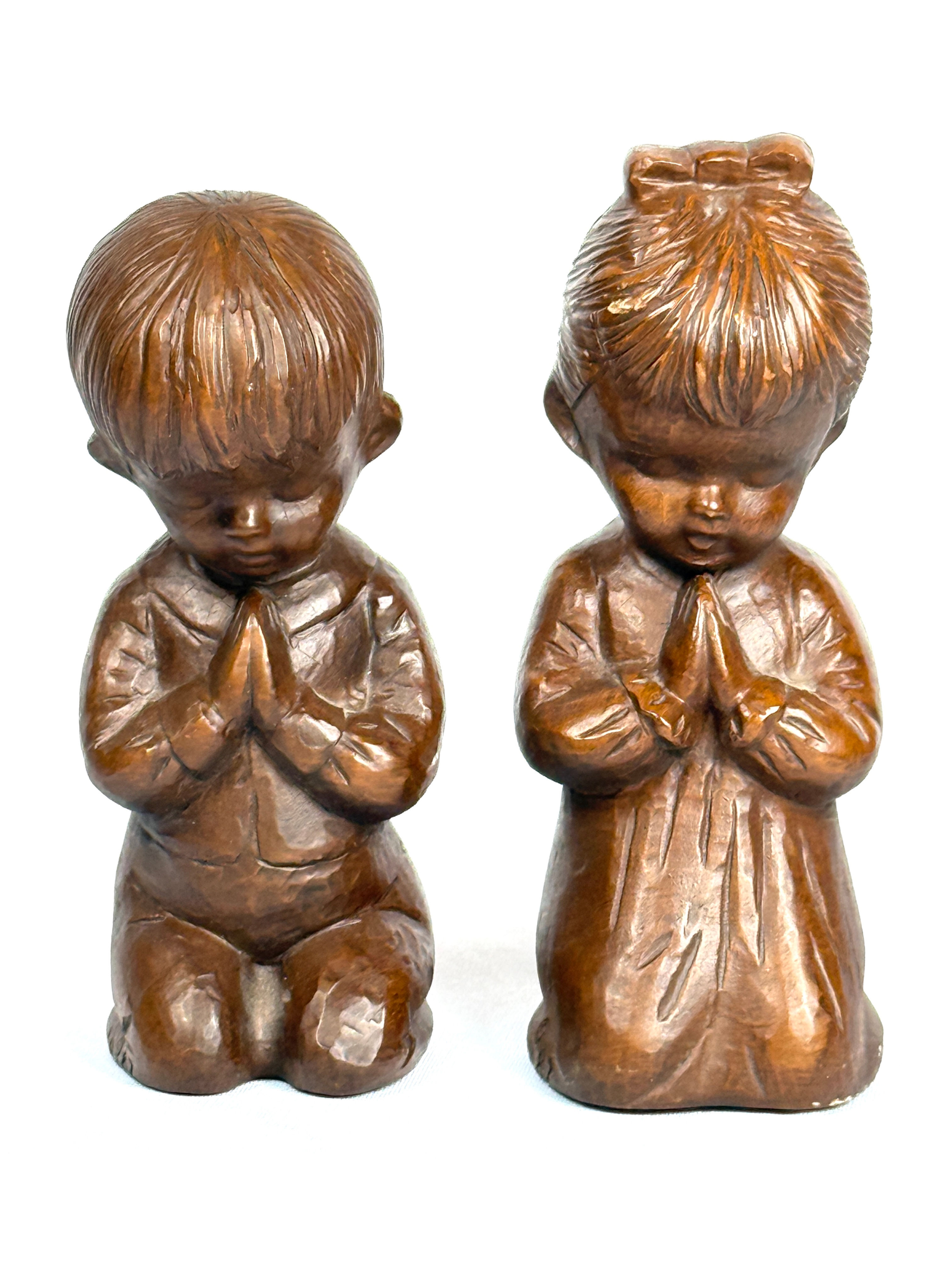 HANDCRAFTED PRAYING BOY & GIRL WOODEN SCULPTURE SET(2pcs)