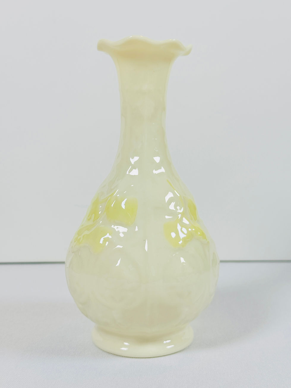 Thumbnail: BELLEEK IRELAND YELLOW grape and vine bud vase 7”H