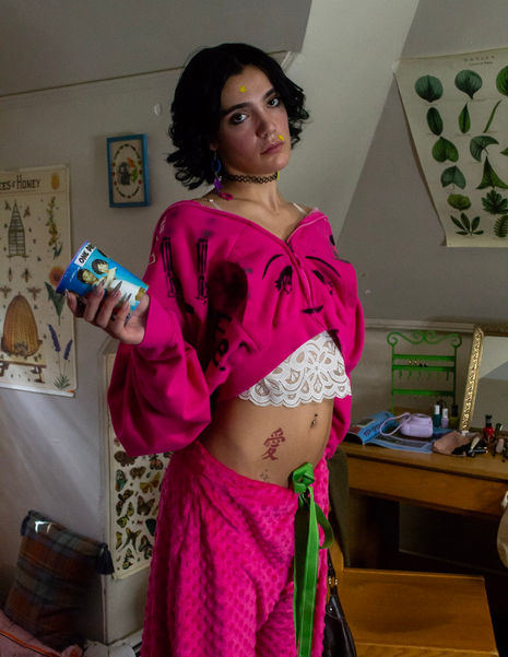 The "Lazy Girl" pajama pants featured in Lasell Styling and Photography Club photoshoot "Cluttered" (Fall 2024). 
