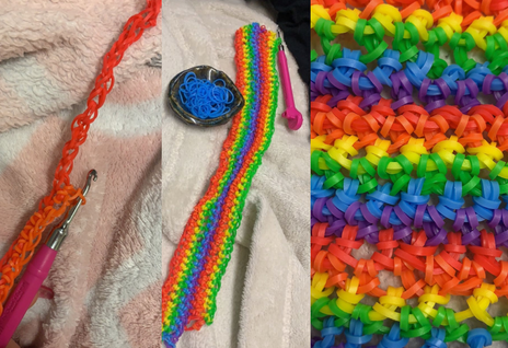 Process and Up-Close images of making the crocheted Rainbow Loom top