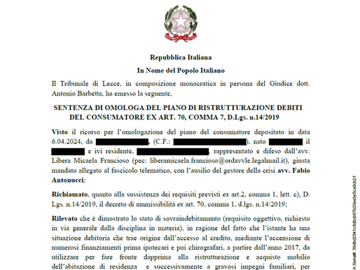 SOVRAINDEBITAMENTO: RIDOTTI I DEBITI DA 140 A 58 MILA EURO