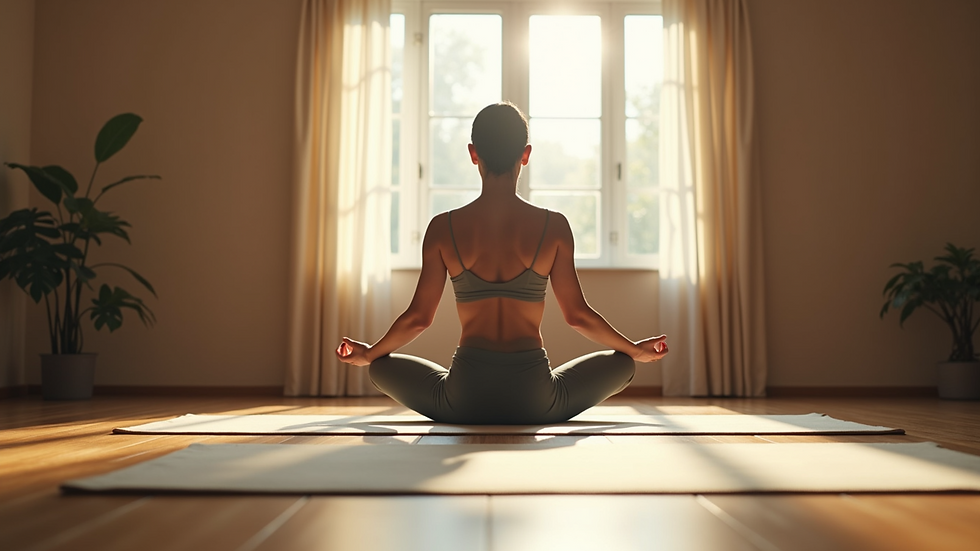 Eye-level view of a student practicing yoga on a mat in a quiet room