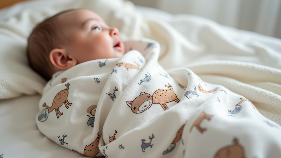 Close-up view of a soft cotton baby swaddle with a cute animal print
