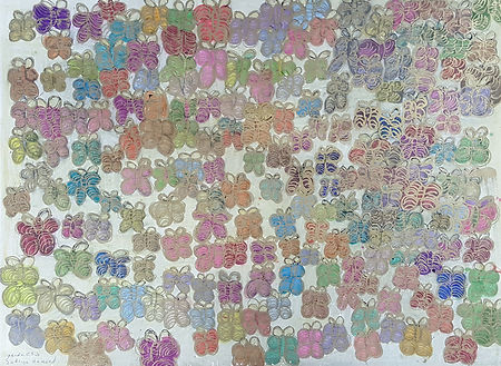 Drawing of dozens of repeated colorful butterflies outlined in gold marker