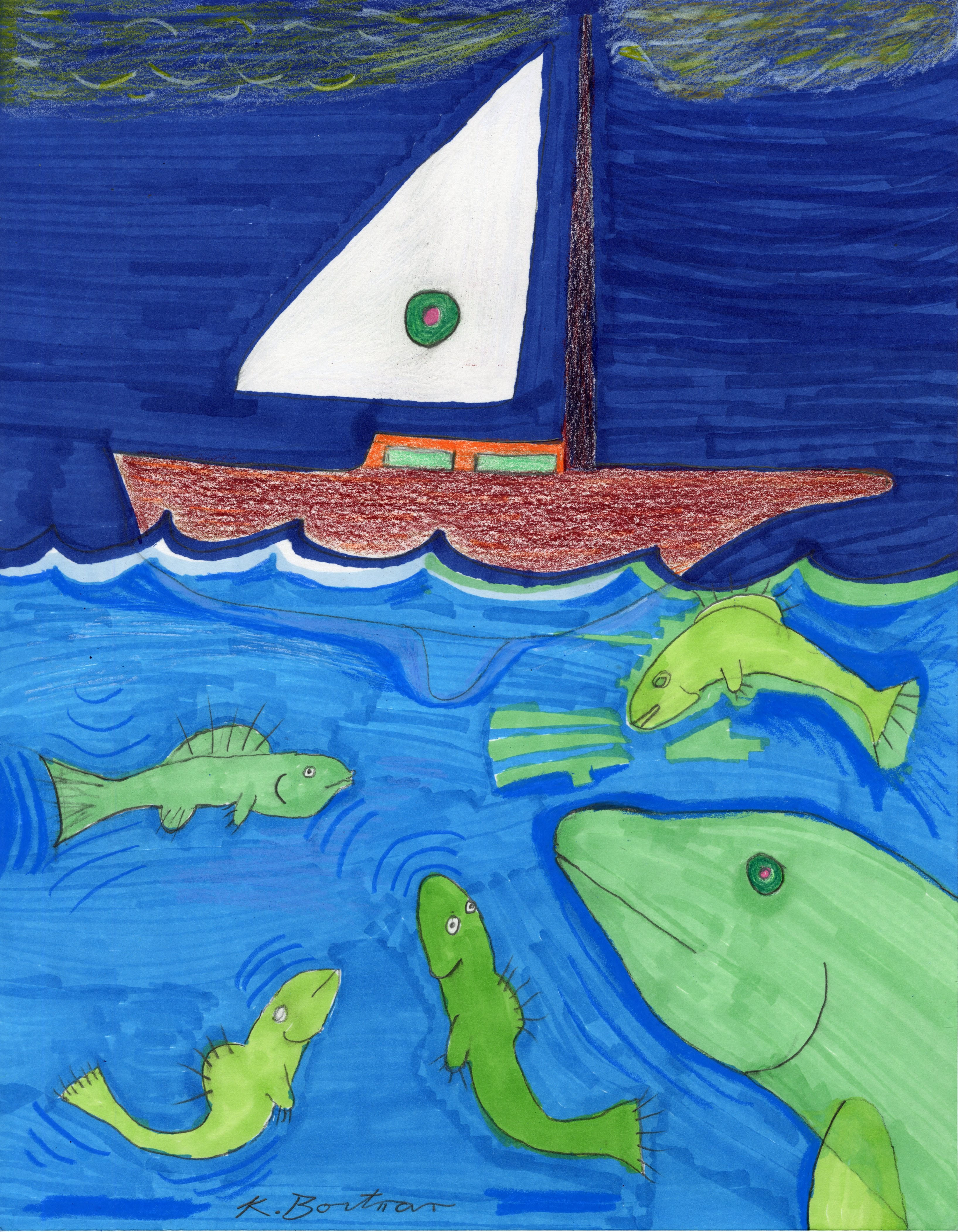 Drawing of brown boat on waves with green fish swimming up towards it