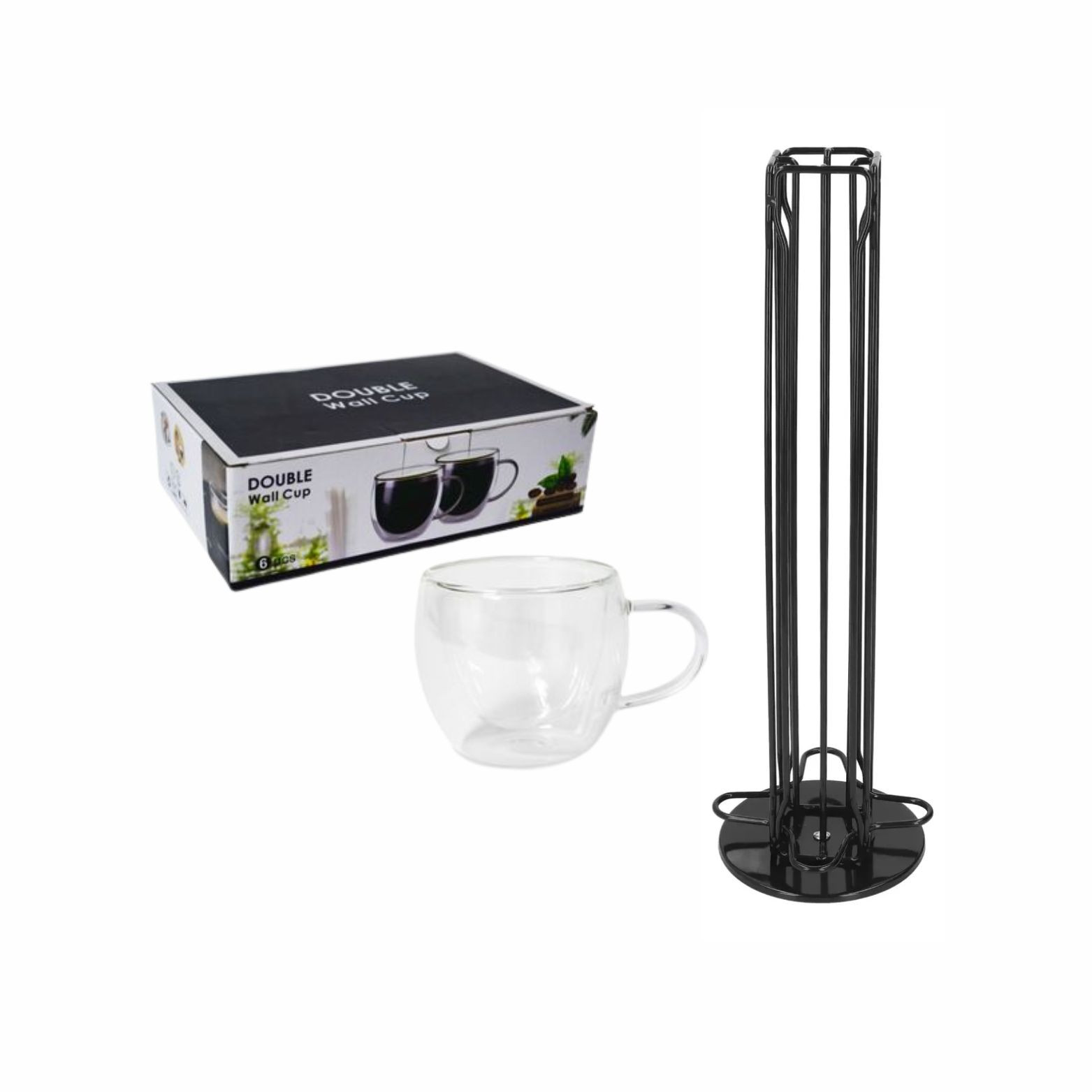 6 TAZAS DE CAFÉ DOBLE VIDRIO + PORTA CAPSULAS