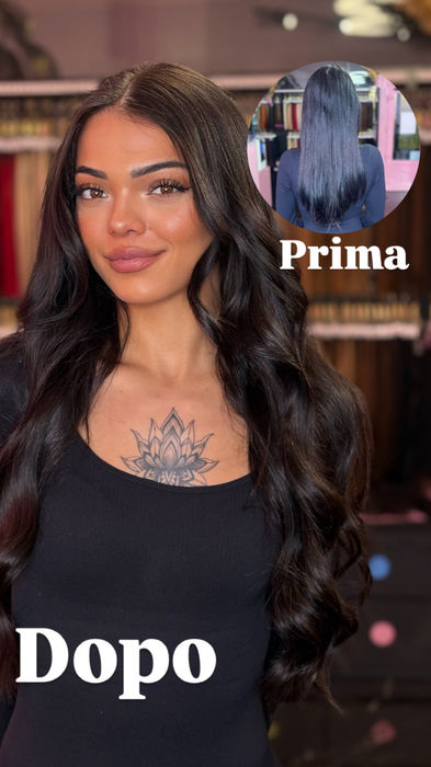 Prima e dopo l'applicazione delle extension capelli Paradise: un cambiamento incredibile in pochi minuti. Volume e lunghezza per un look irresistibile!