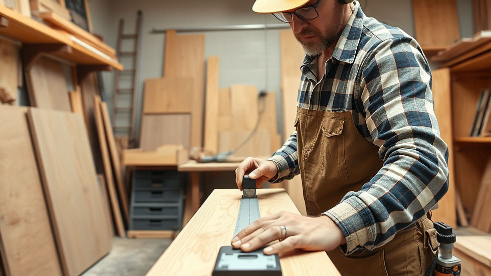 Eye-level view of a carpenter measuring wood for a custom cabinet in a workshop