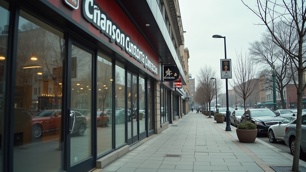 Eye-level view of a commercial building exterior with clear signage