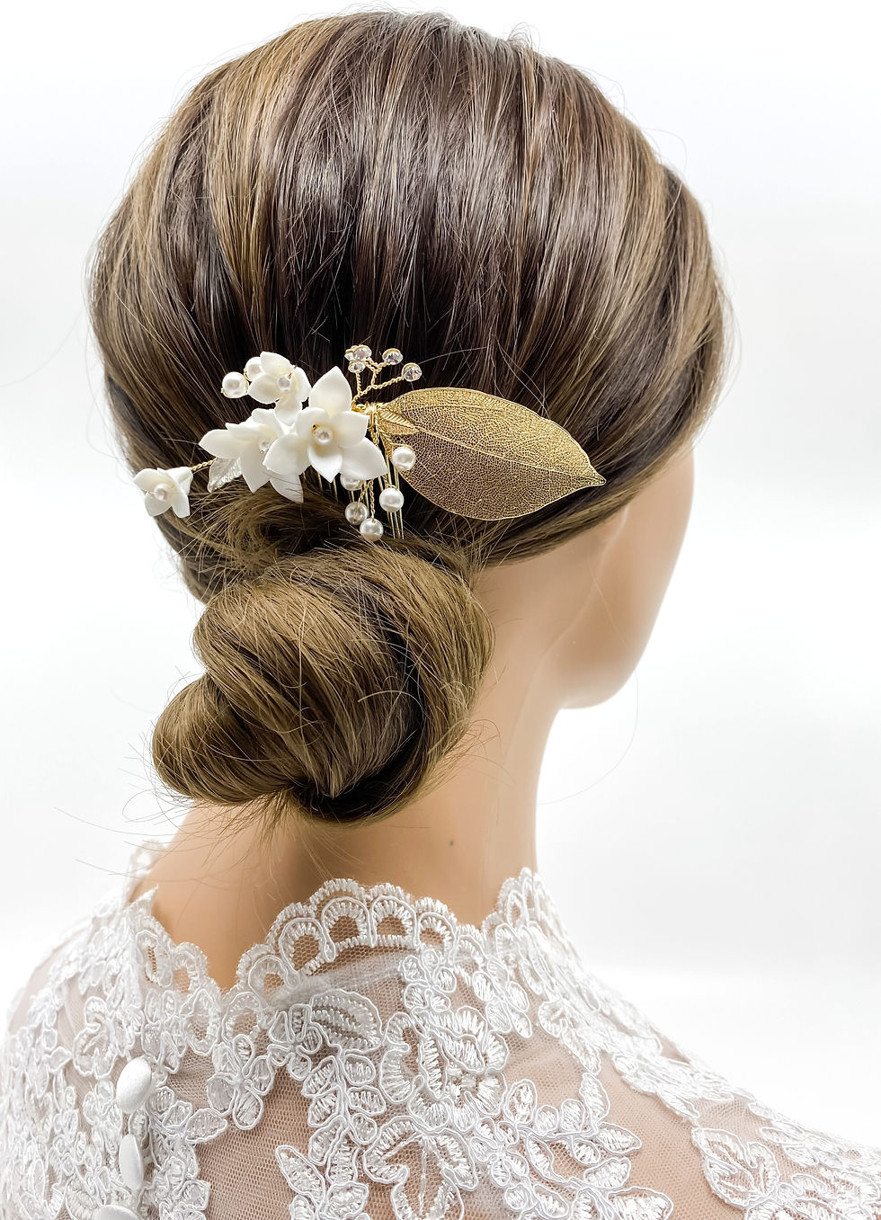 Ivory Floral Pearl Leaf Bridal Gold Headpiece