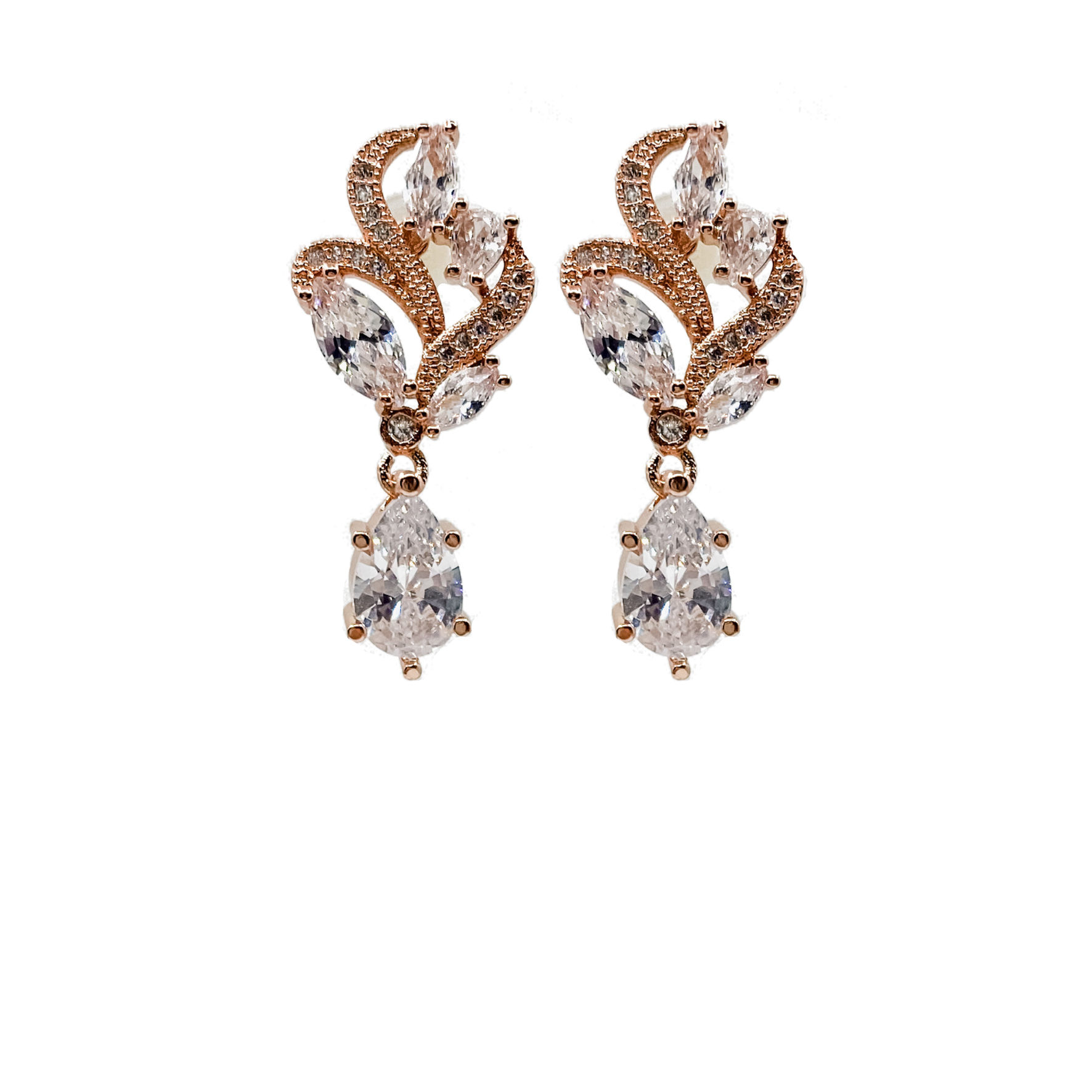 Art deco rose gold teardrop bridal earrings