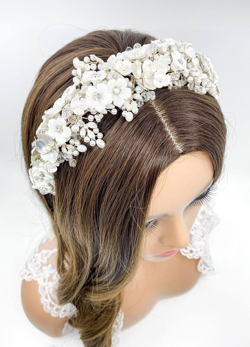 Thumbnail: Floral Crystal and Pearl Silver Bridal Headband