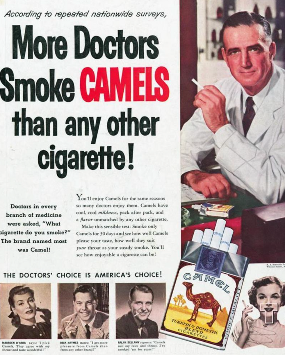 Advertising Image 4: Bernays's controversial enlistment of doctors added an aura of safety to smoking. Ads like this claimed cigarettes were not only harmless but also beneficial for health, which proved devastatingly misleading