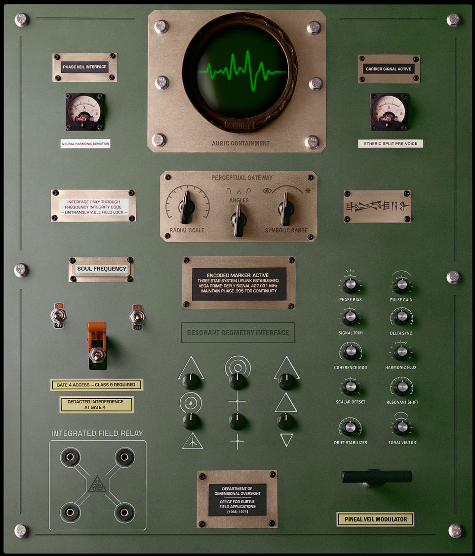MONAD Field Instrument photographed by Jesse Jacques, July 2025. An analog control panel integrating Sumerian cuneiform references, resonance controls, and a unique encoded signature. Created to function as a transmission device bridging ancient communication systems and contemporary design.