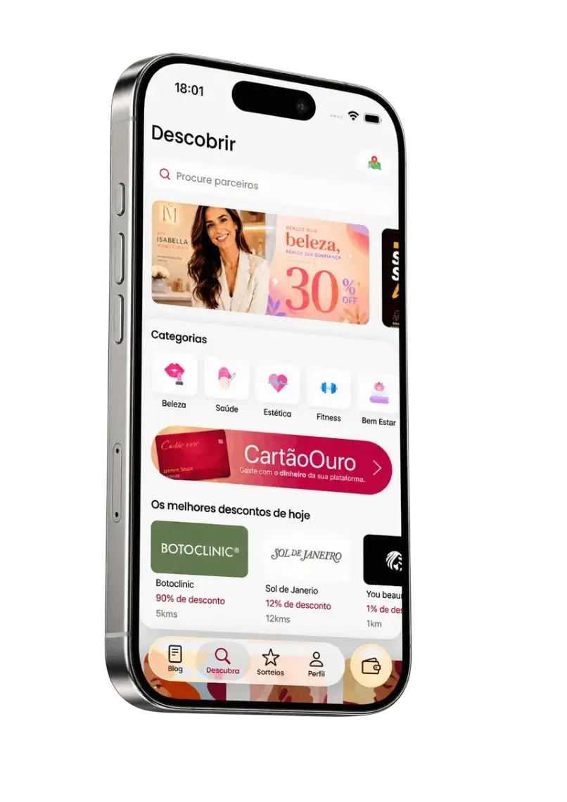 Mobile interface photography displaying an app\'s discount discovery page on a smartphone. The cleanly designed UI features category icons, promotional banners, and a list of local business offers.