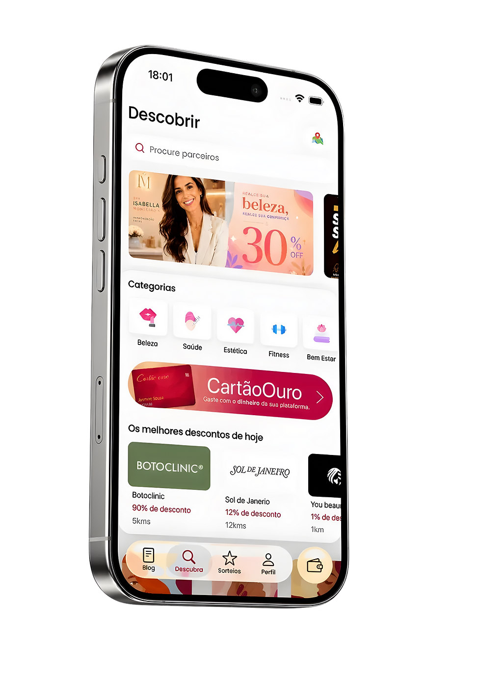 Digital product mockup of a smartphone displaying a shopping app's discovery screen with category icons and discount offers. The clean, modern user interface features a promotional banner and a navigation bar at the bottom.