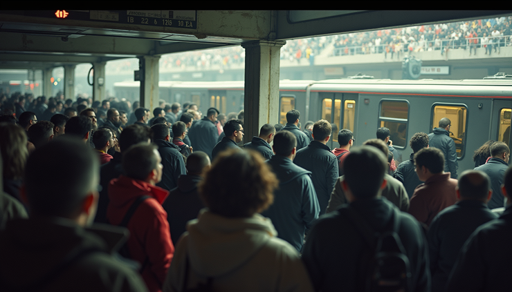 High angle view of crowded Metro platform with fans waiting for train
