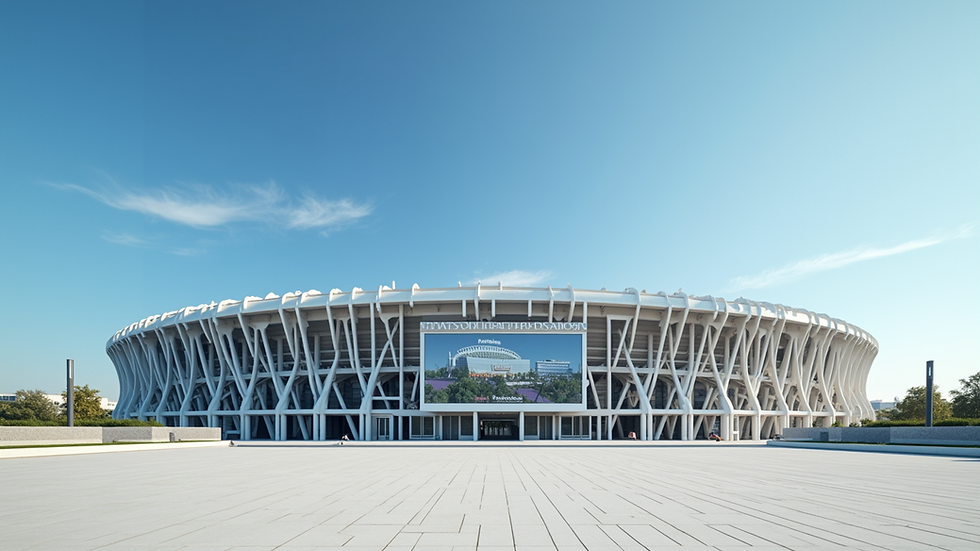 Eye-level view of SoFi Stadium exterior with clear blue sky