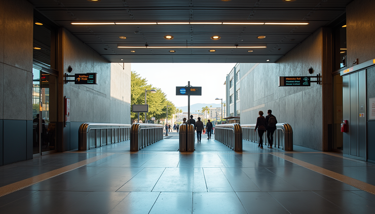 Eye-level view of Metro Rail station entrance in Inglewood with clear signage