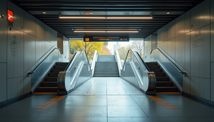 Eye-level view of accessible Metro station entrance with ramps and signage