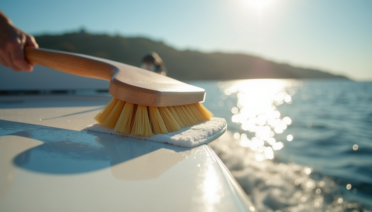 Close-up view of a boat deck being cleaned with a soft brush