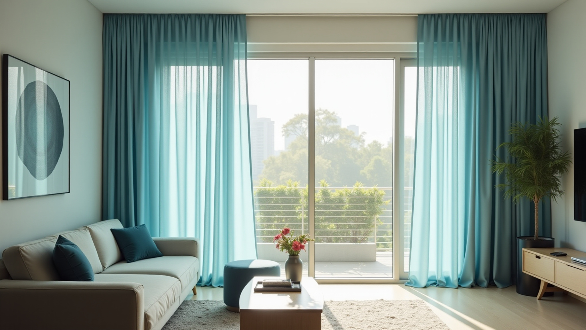Living room setting displaying draperies on a sliding door