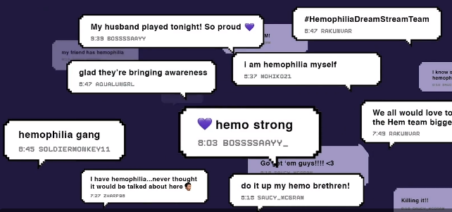 chat thread during "Bloodless Battle" charity event with Twitch and Genentech to support Hemophilia
