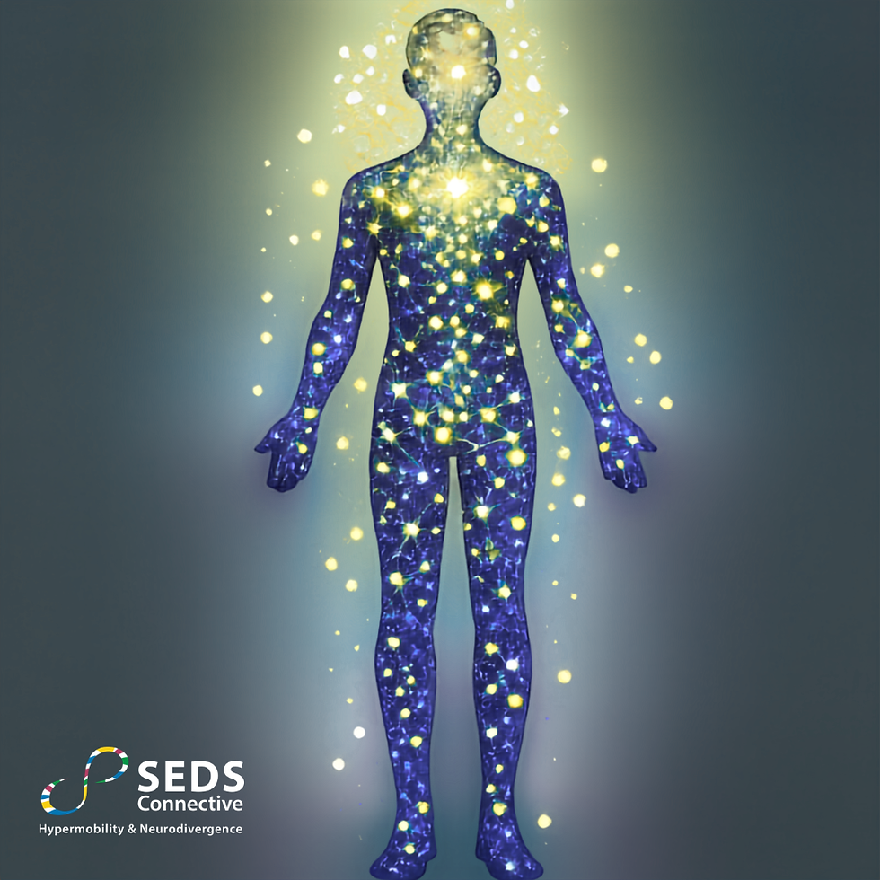 Illustration of human connected network of dots and links in yellow and blue covering body and brain. SEDSConnective logo