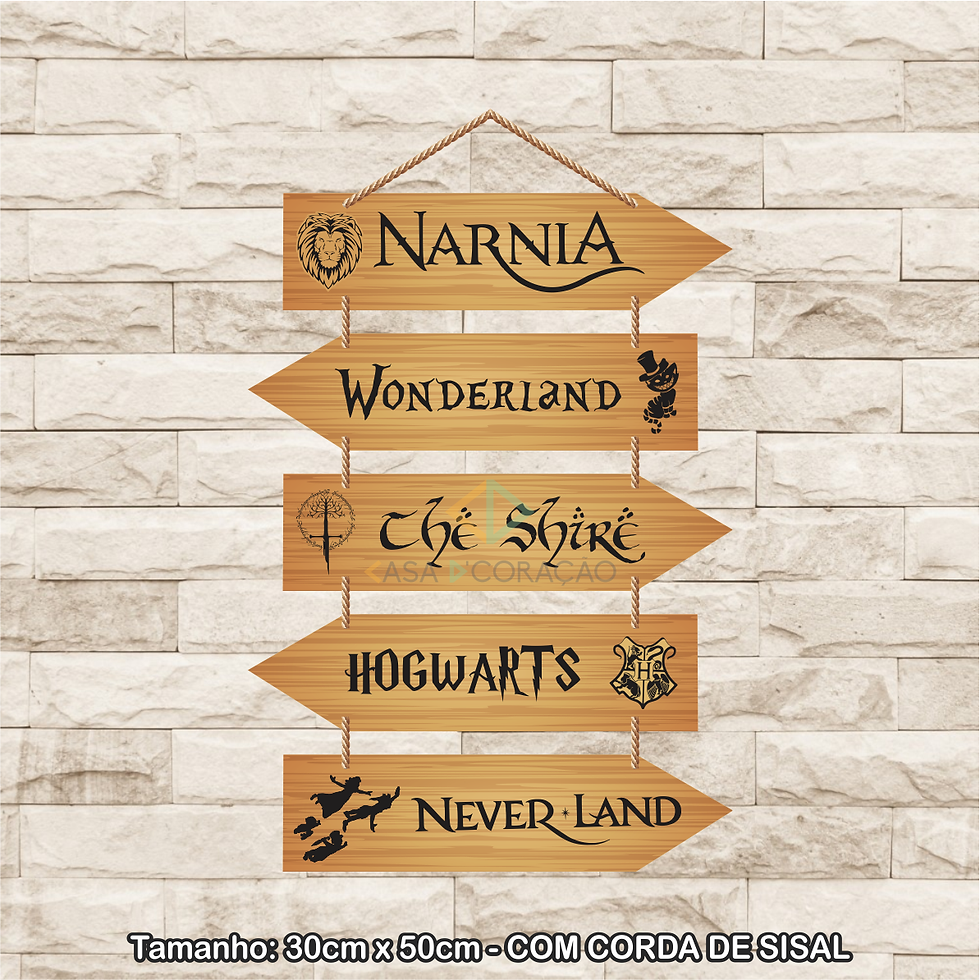 30036 - Placa Decorativa - Narnia, Wonderland, The Shire, Hogwarts e Neverland