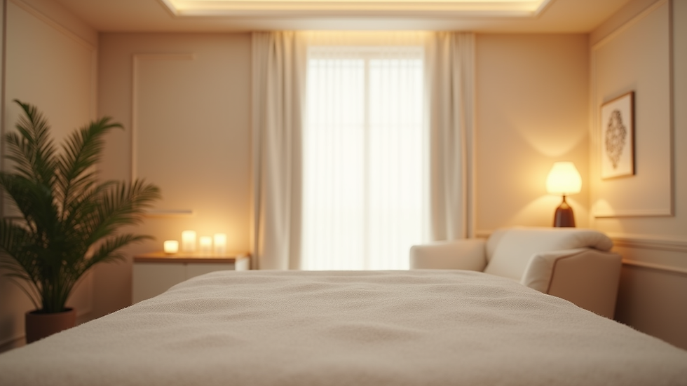 Eye-level view of a serene medical spa treatment room with soft lighting