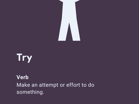 A picture of a stickman lifting a barbell above their head. Underneath the word 'Try' with the definition "Make an attempt or effort to do something". Followed by a quote from W.C. Fields "If at first you don't succeed, try, try again. Then quit. There's no point in being a damn fool about it."