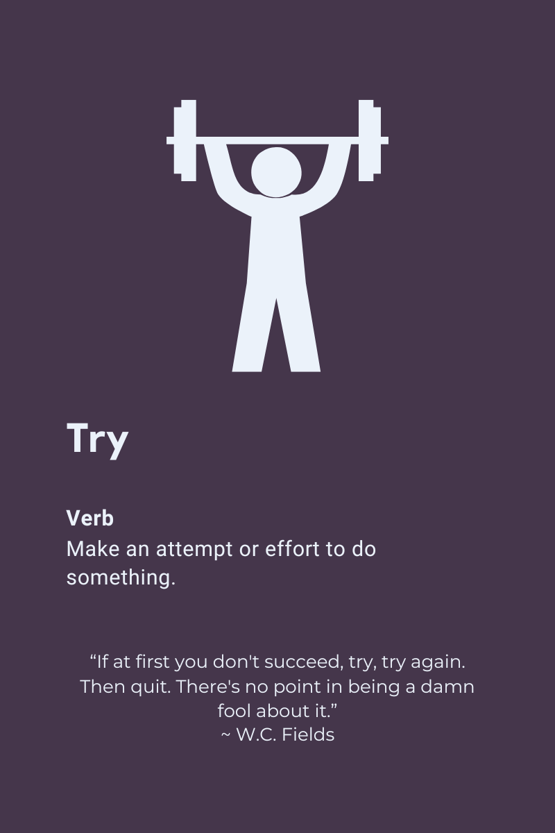 A picture of a stickman lifting a barbell above their head. Underneath the word 'Try' with the definition "Make an attempt or effort to do something". Followed by a quote from W.C. Fields "If at first you don't succeed, try, try again. Then quit. There's no point in being a damn fool about it."