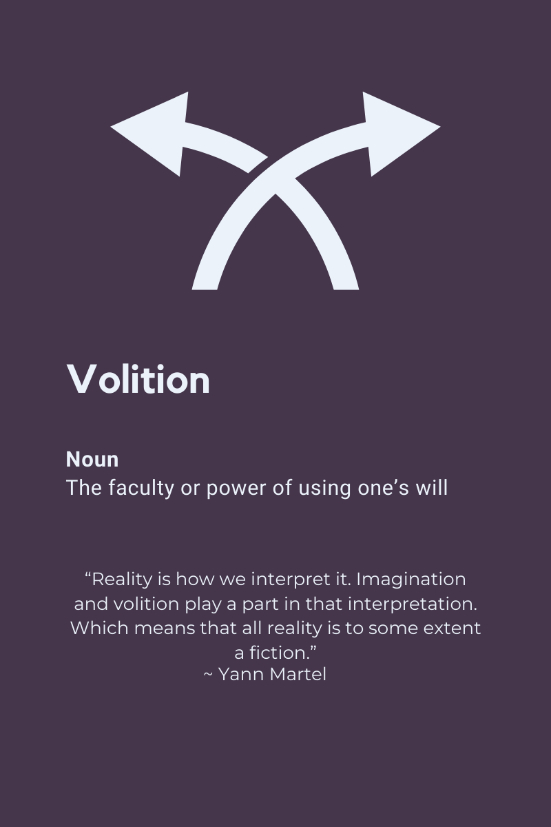 Two arrows pointing opposite directions on a dark background. Text: "Volition: The faculty of using one’s will.” Quote by Yann Martel below.