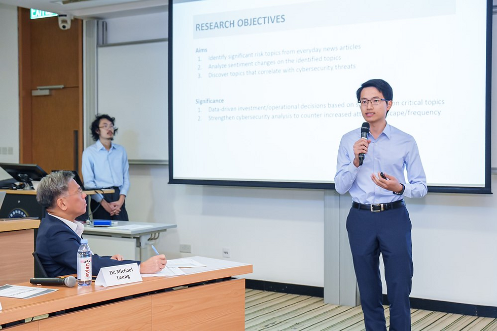 The Risk Navigators (Finalist): Explored the relationship between news sentiments and cybersecurity threats. Members: Tsz Hei LEUNG (IS, HKUST), Chun Fung SZETO (CSE, HKUST)