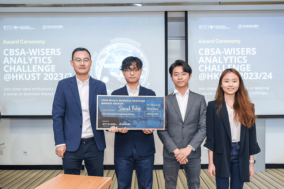 Third Place by Social Pulse; the team created a visual representation of potential political risks. Members: Ronald Hok To LEUNG (DSCT, HKUST), Samson Hiu Pang LUI (AE with extended major in AI, HKUST), Vian Wing Yan CHAN (FINA, HKUST)