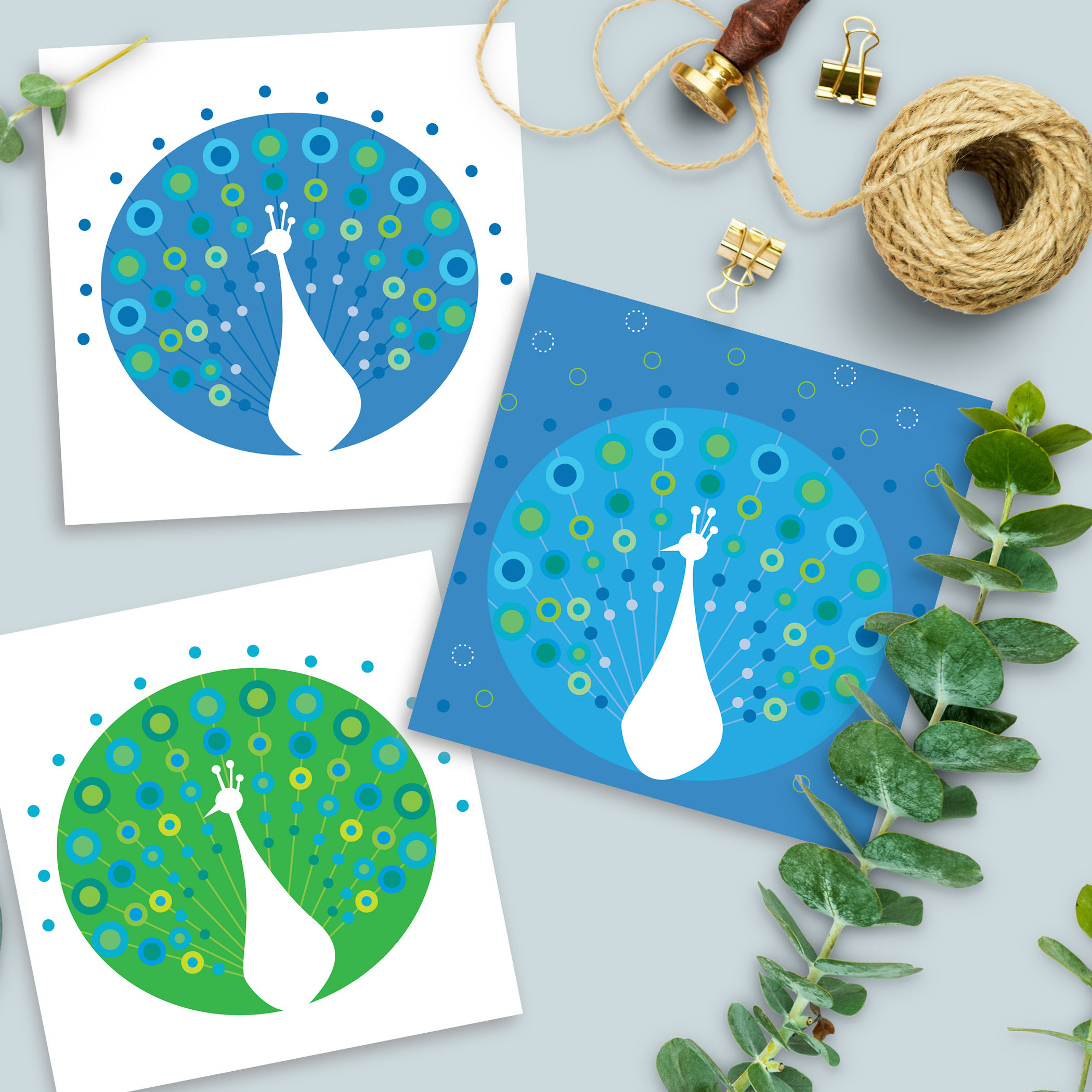 Peacock Blue Green 3-pack square card blank inside