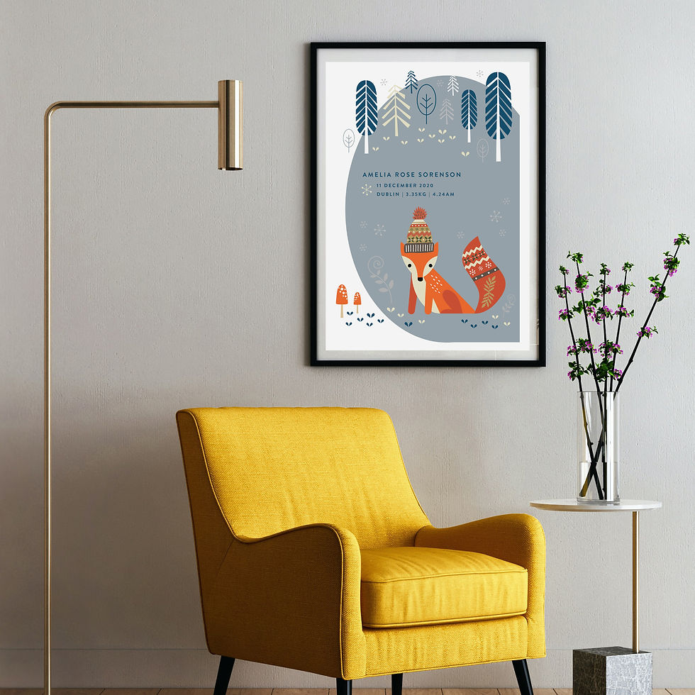 Thumbnail: Print - personalised - woodland FOX in grey birth print
