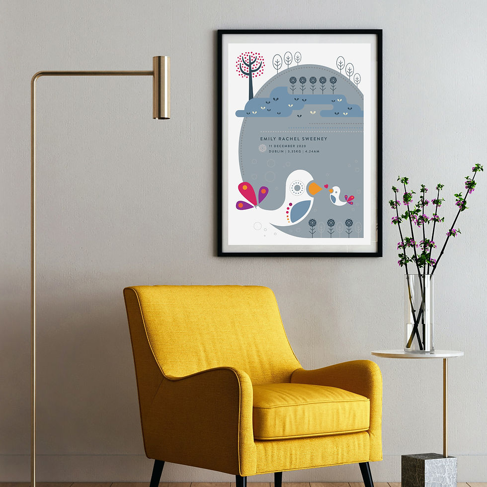 Thumbnail: Print - personalised - Birds and lake in grey birth print