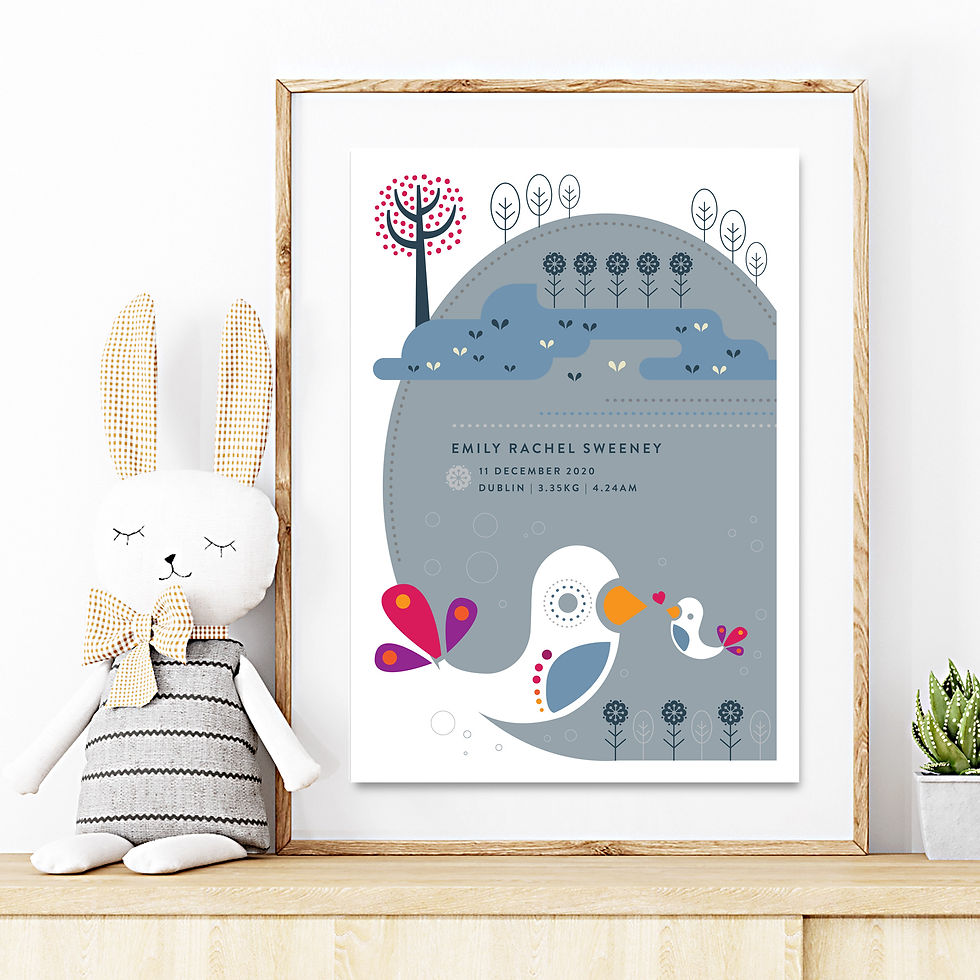 Thumbnail: Print - personalised - Birds and lake in grey birth print