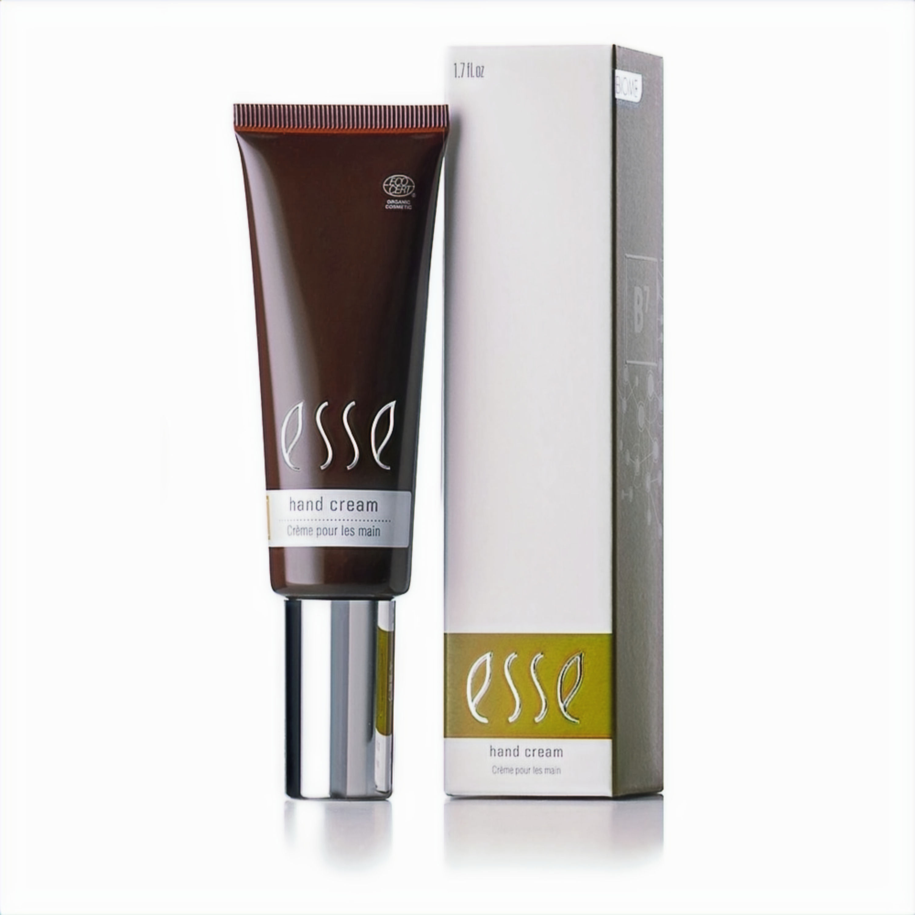 ESSE Hand Cream, crema de manos ecológica en tubo marrón con aplicador metálico.