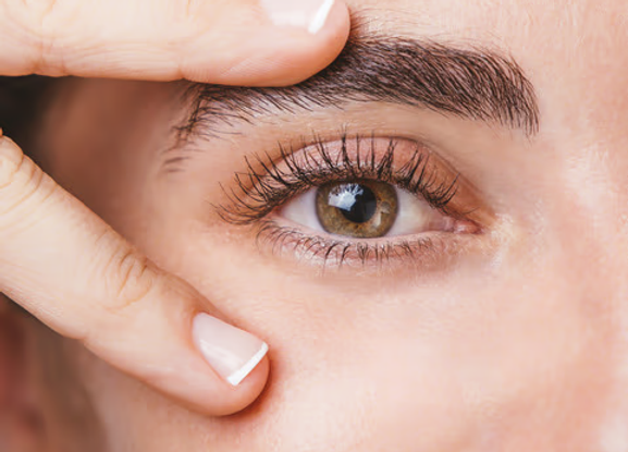 Close-up of an ear and the side of a person's head. A hand appears in the image, with the fingers gently touching the area near the ear. The skin is fair, and the hair is dark, straight, and combed back. The background is neutral and uncluttered, allowing the viewer to focus on the anatomical and gestural details. This description helps people with visual impairments interpret the content and intention of the image.
