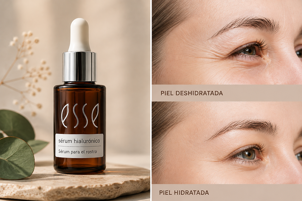 Comparación entre una piel deshidratada y una piel hidratada junto a un sérum de ácido hialurónico para favorecer la hidratación cutánea.