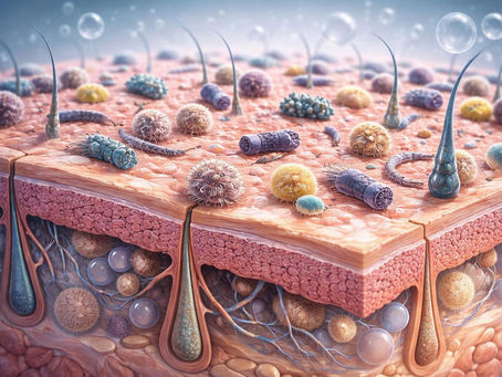 Ilustración de la piel como ecosistema vivo, con microorganismos sobre la superficie cutánea