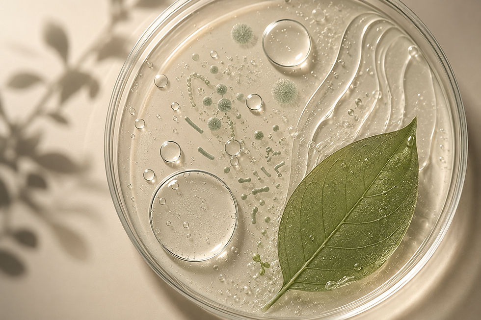Placa de Petri con una hoja verde, gotas transparentes y elementos que representan el microbioma cutáneo, ilustrando el equilibrio entre ciencia, naturaleza y salud de la piel.