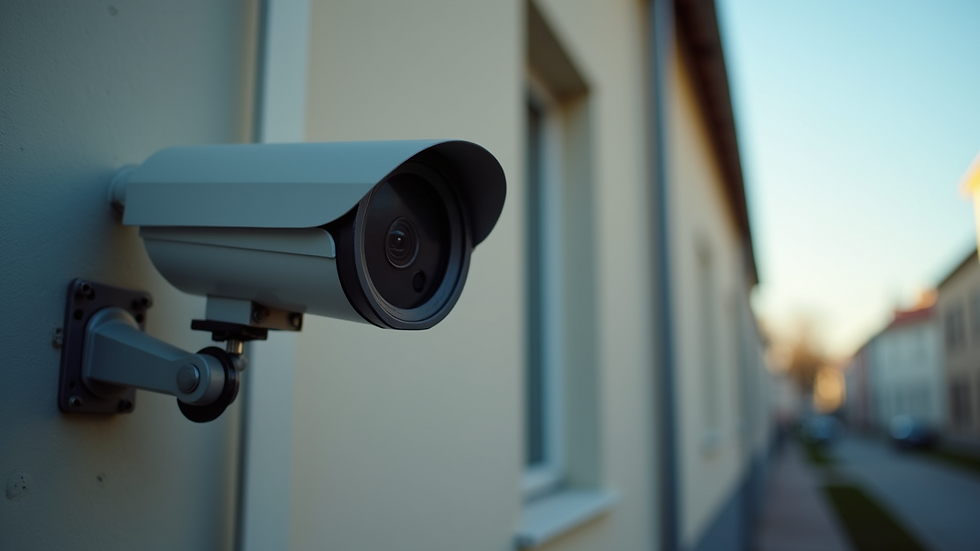 Close-up view of a security camera mounted on a building exterior