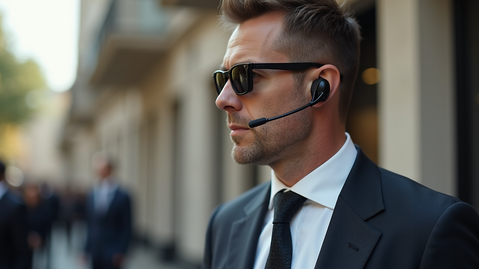 Close-up view of a bodyguard wearing a suit and earpiece at an outdoor event