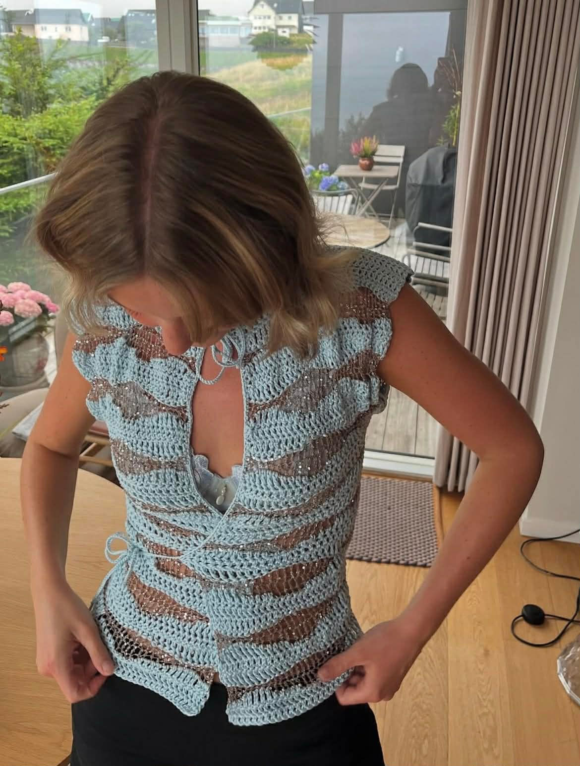 Alda Sequin Top in light blue and nude