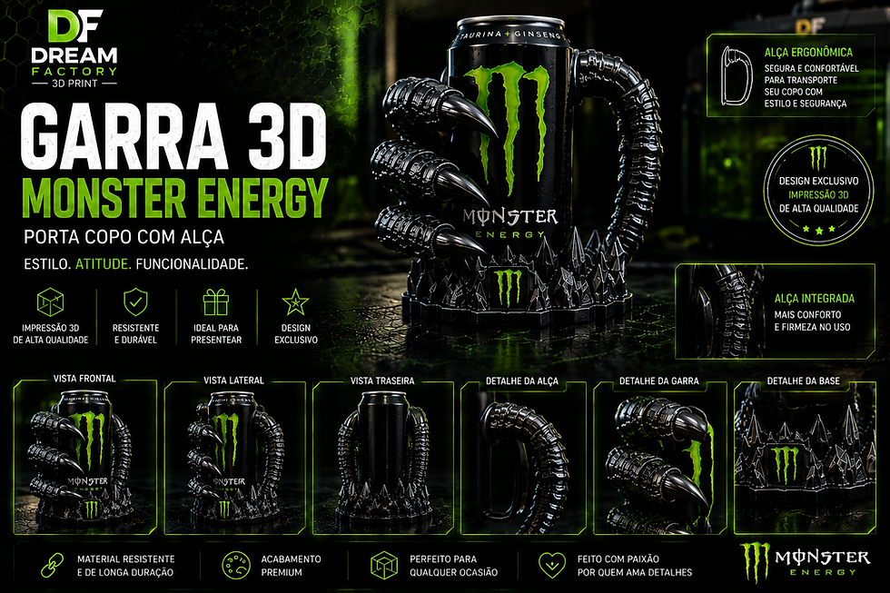 Suporte para lata Garra de Monstro 3D com alça anatômica.
